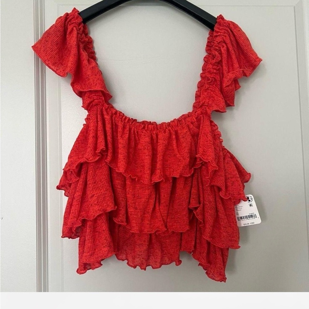 NWT Free People Red Ruffle Blouse - Picture 2 of 4